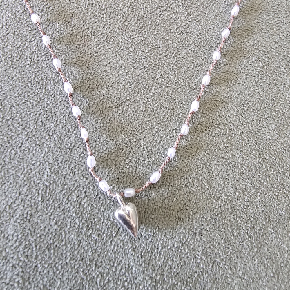 Heart Necklace with Silk Thread White Pearls